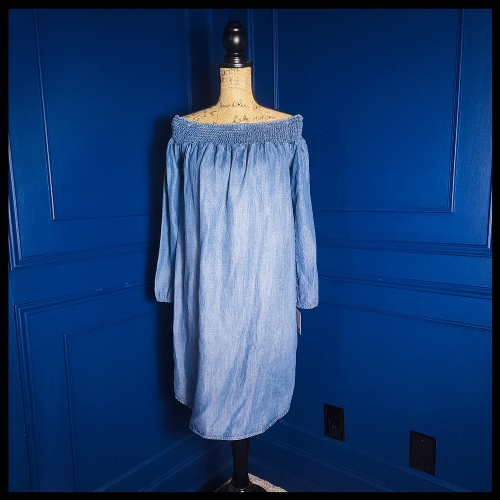 Isabel Maternity Denim Blue Off-Shoulder Dress XS